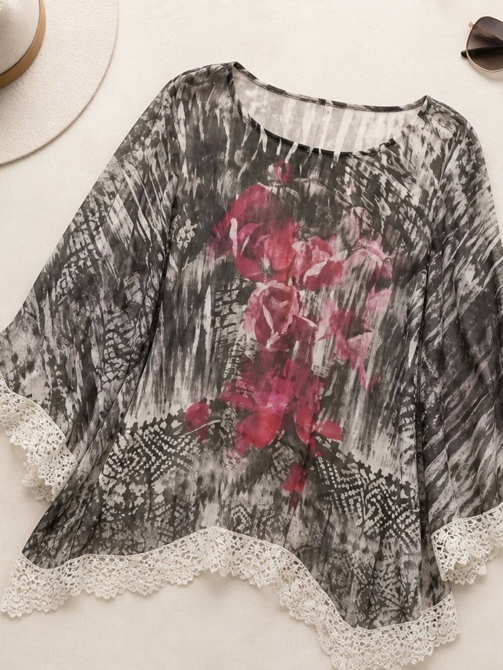 Mushblade Sienna Rose Sheer Boho Floral Lace Trim Tunic Top Medium